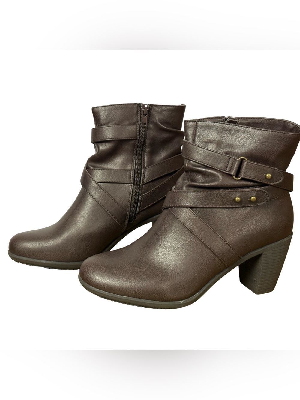 Levity Ankle Booties Women's Dark Brown Strap Size 8 M~Side Zip Faux Leather